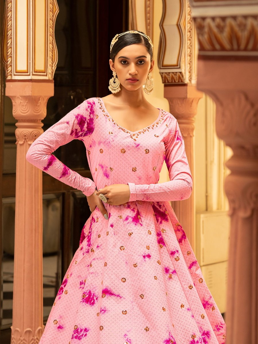 Pink Cotton Partywear Gown - Inddus.com