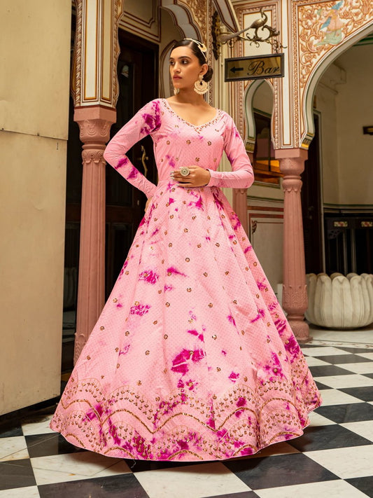 Pink Cotton Partywear Gown - Inddus.com