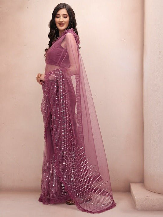 Pink Embellished Sequinned Net Saree