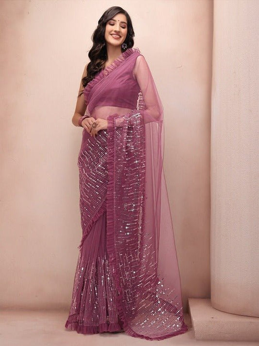 Pink Embellished Sequinned Net Saree