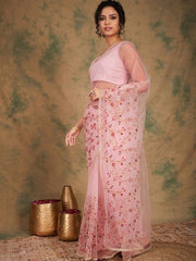 Pink Embroidered Detailed Net Saree - Inddus.com