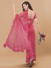 Pink Embroidered Net Ruffled Saree - Inddus.com