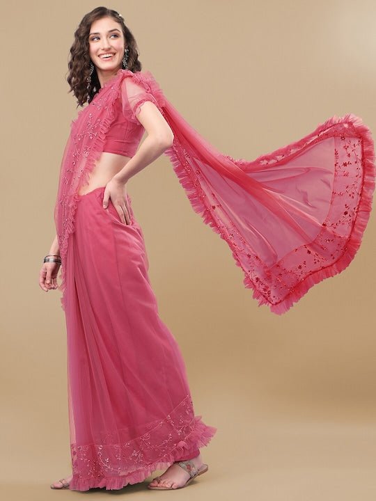 Pink Embroidered Net Ruffled Saree - Inddus.com