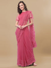 Pink Embroidered Net Ruffled Saree - Inddus.com