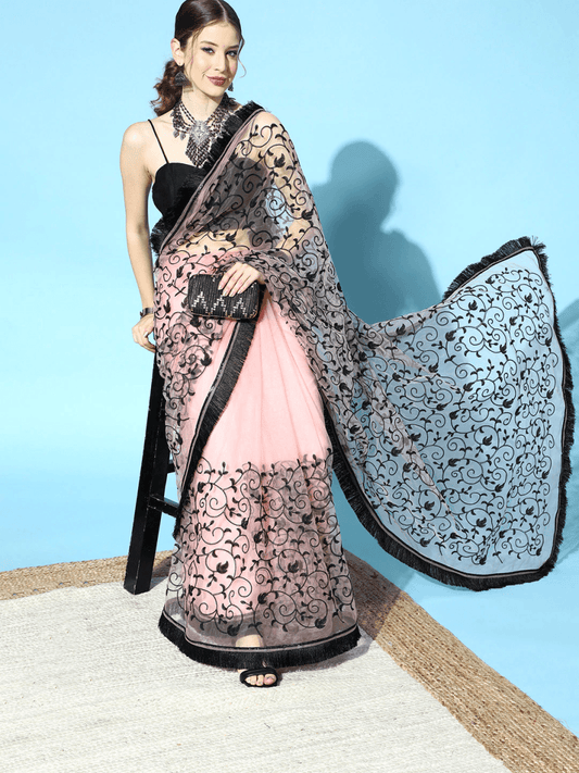 Pink Embroidered Net Saree with Blouse Piece - Inddus.com