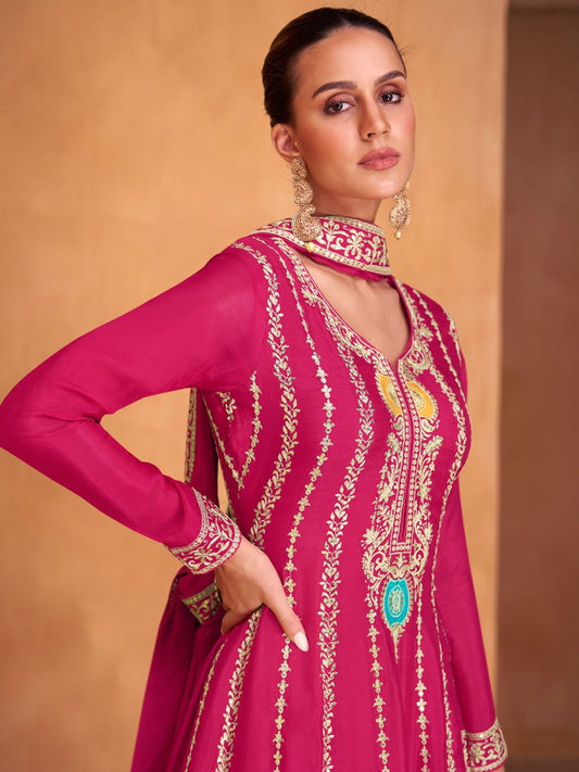 Pink Embroidered Partywear Palazzo-Suit - Inddus.com