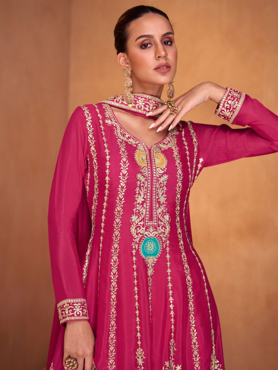 Pink Embroidered Partywear Palazzo-Suit - Inddus.com