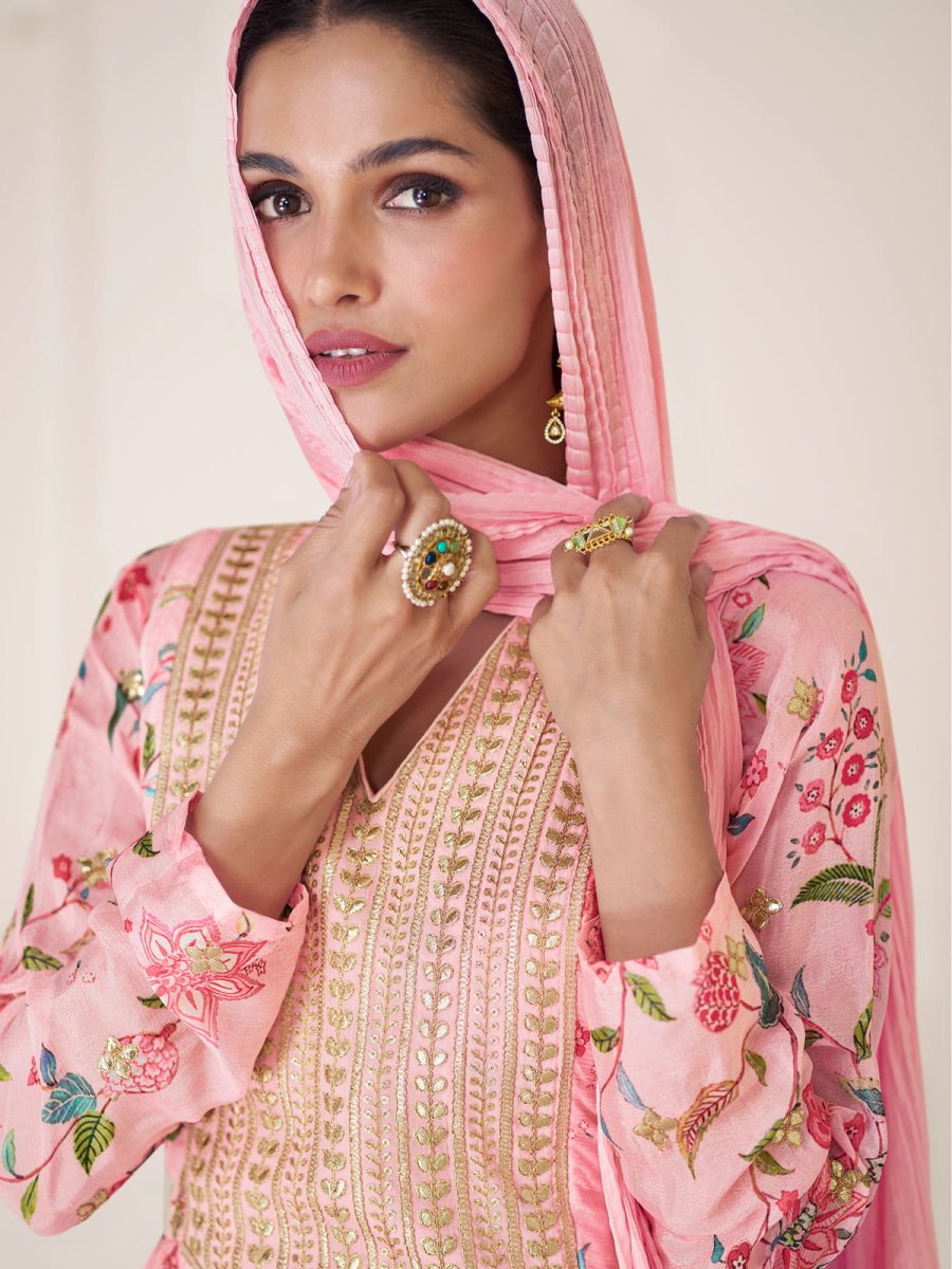 Pink Embroidered Partywear Sharara Style Suit - Inddus.com