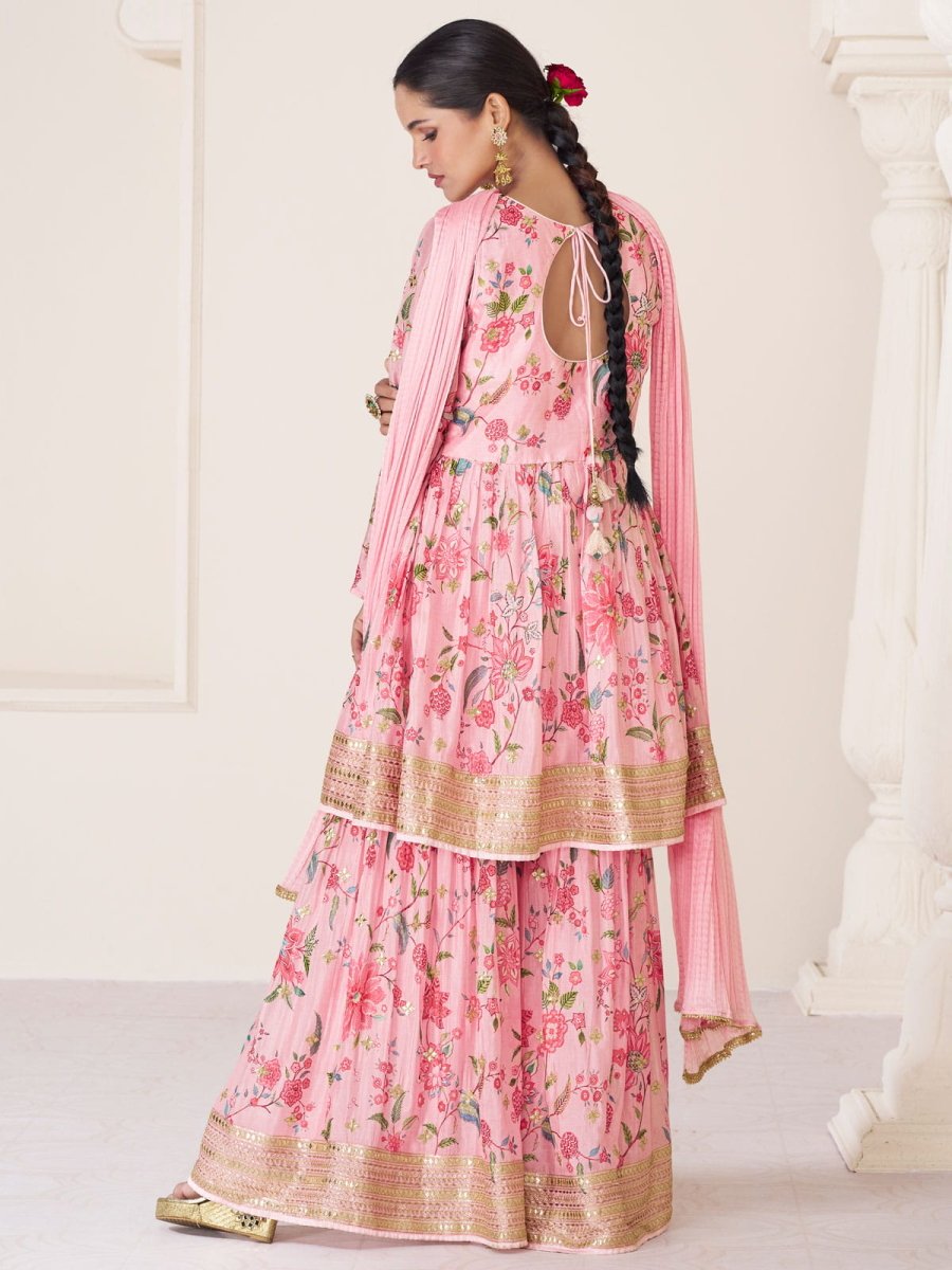 Pink Embroidered Partywear Sharara Style Suit - Inddus.com