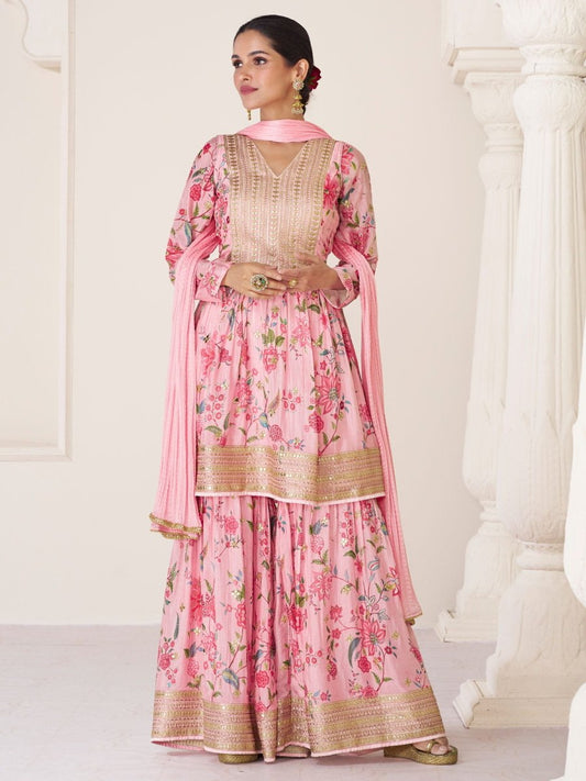 Pink Embroidered Partywear Sharara Style Suit - Inddus.com