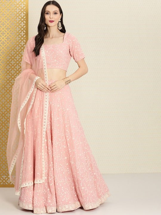 Pink Embroidered Semi-Stitched Lehenga & Unstitched Blouse With Dupatta - Inddus.com