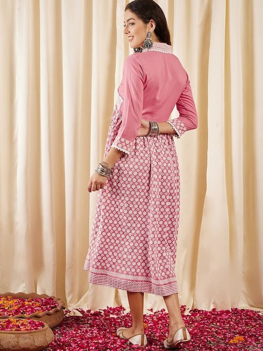 Pink Ethnic Motifs Embroidered V-Neck Chikankari Detailed Empire Midi Ethnic Dress - Inddus.com