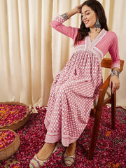 Pink Ethnic Motifs Embroidered V-Neck Chikankari Detailed Empire Midi Ethnic Dress - Inddus.com