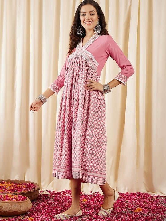 Pink Ethnic Motifs Embroidered V-Neck Chikankari Detailed Empire Midi Ethnic Dress - Inddus.com