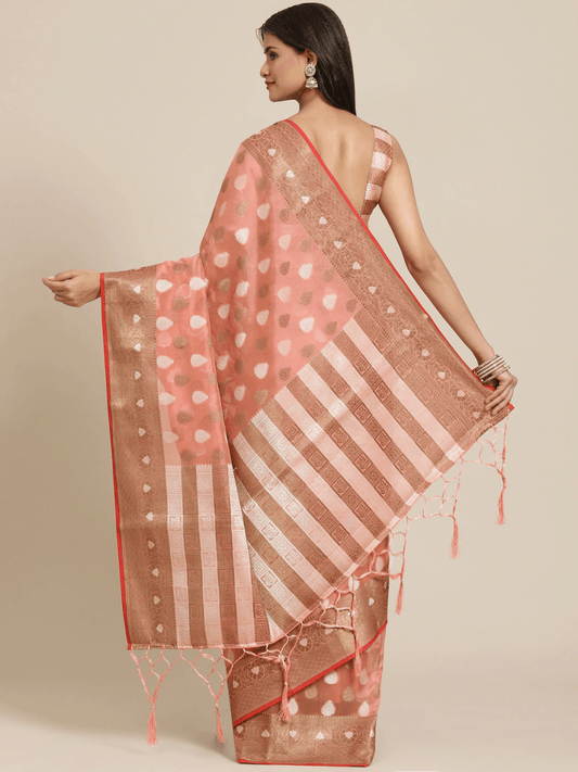 Pink Ethnic Motifs Zari Woven Organza Banarasi Saree - Inddus.com