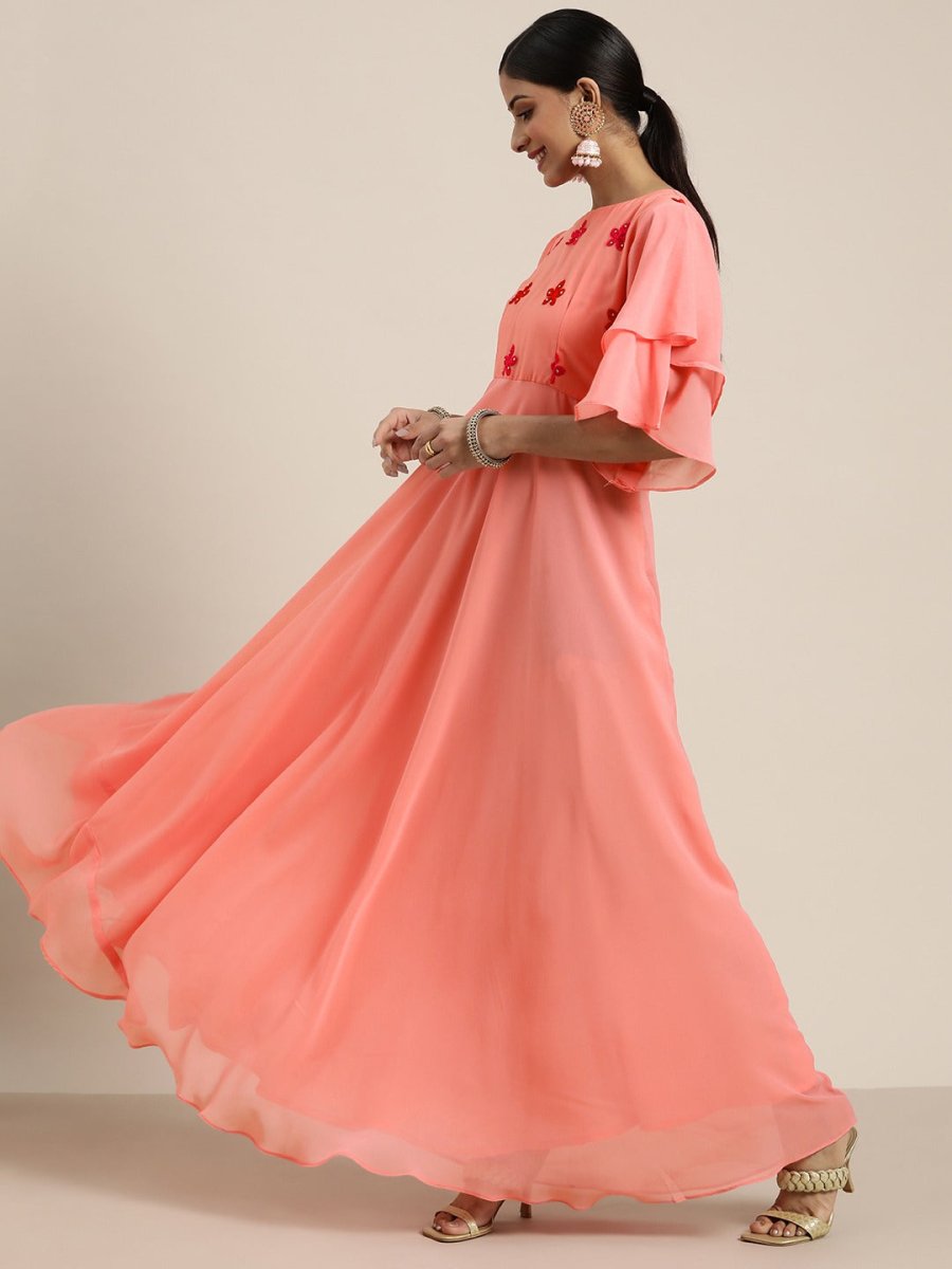 Pink Fit and Flared Embroidered Yoked Gown - Inddus.com