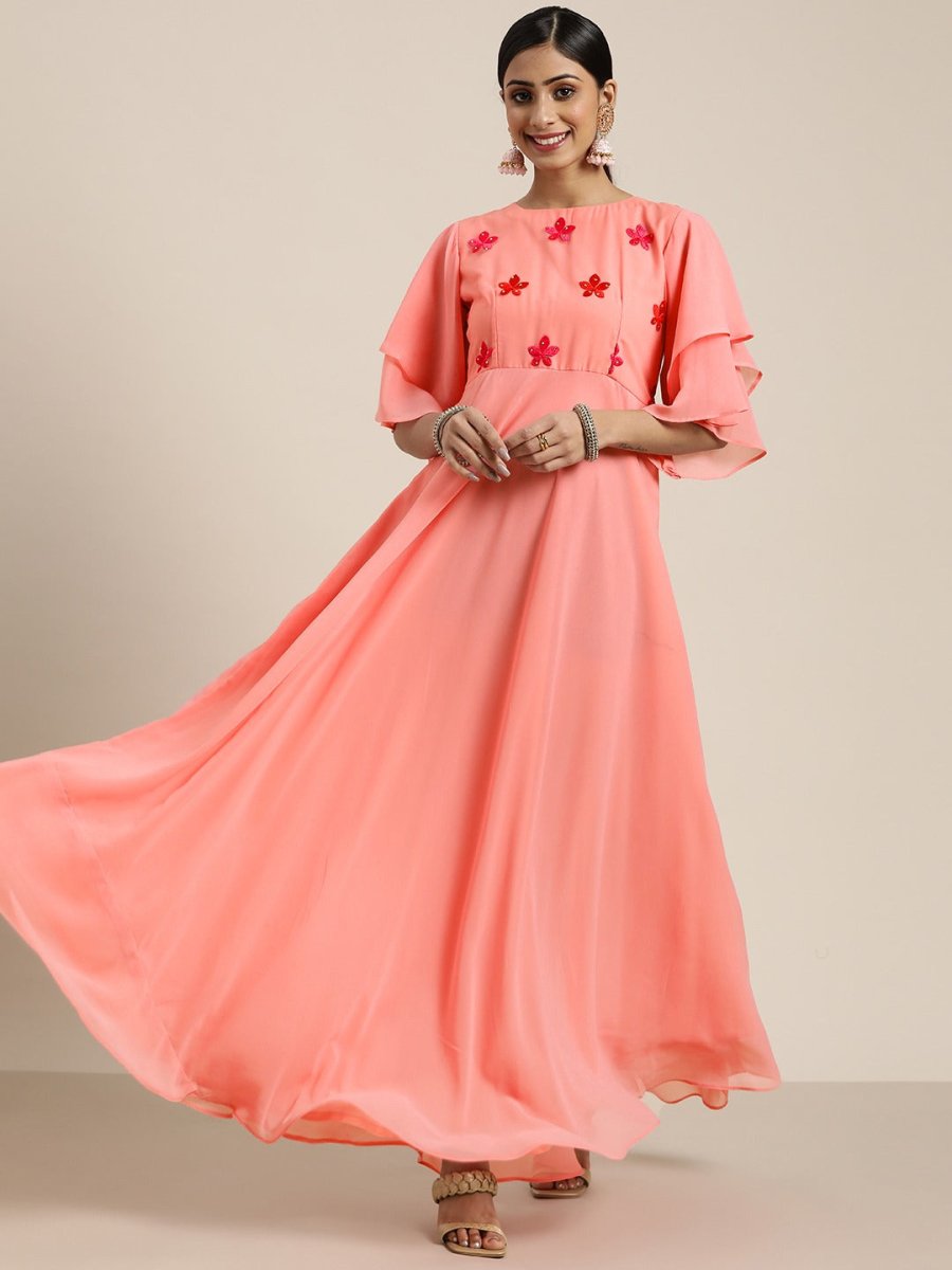 Pink Fit and Flared Embroidered Yoked Gown - Inddus.com