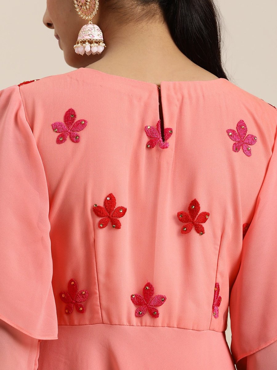 Pink Fit and Flared Embroidered Yoked Gown - Inddus.com