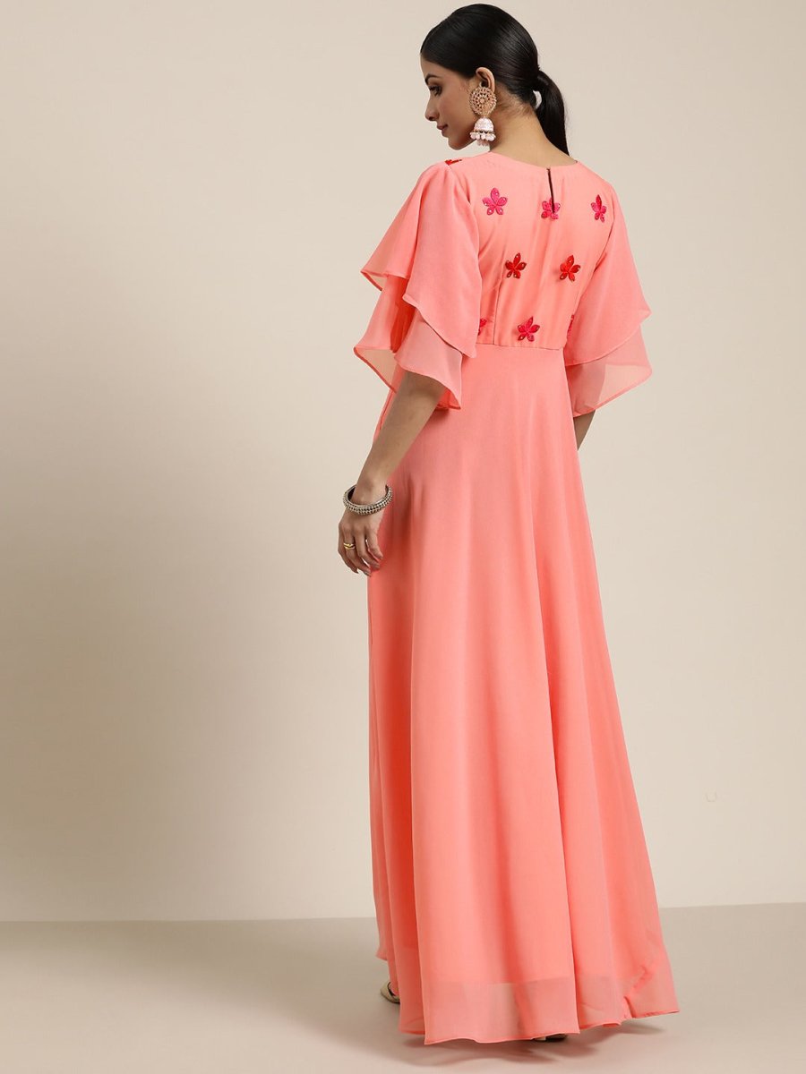 Pink Fit and Flared Embroidered Yoked Gown - Inddus.com