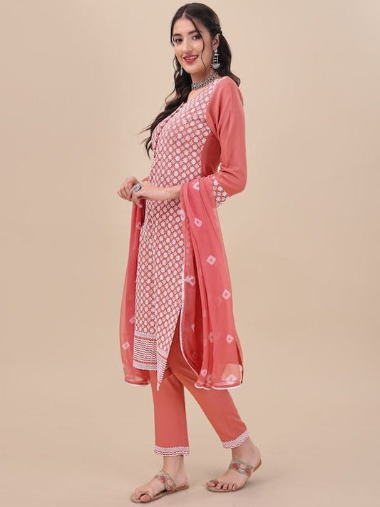 Pink Floral Embroidered Chikankari Pure Cotton Kurta & Trousers With Dupatta - Inddus.com