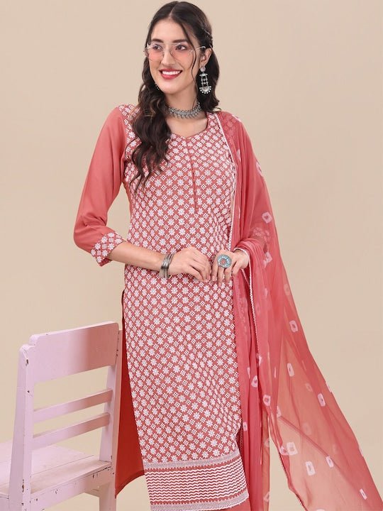 Pink Floral Embroidered Chikankari Pure Cotton Kurta & Trousers With Dupatta - Inddus.com