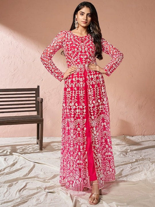 Pink Floral Embroidered Keyhole Neck High Slit A-Line Kurta & Trousers - Inddus.com