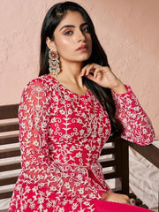 Pink Floral Embroidered Keyhole Neck High Slit A-Line Kurta & Trousers - Inddus.com