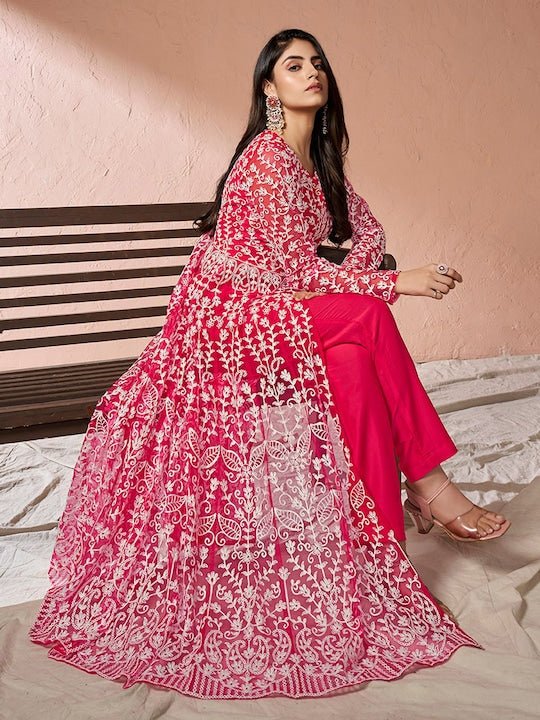 Pink Floral Embroidered Keyhole Neck High Slit A-Line Kurta & Trousers - Inddus.com