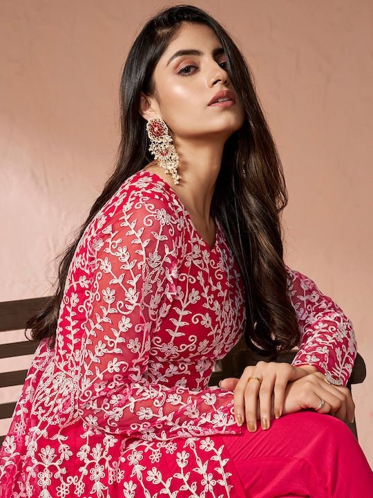 Pink Floral Embroidered Keyhole Neck High Slit A-Line Kurta & Trousers - Inddus.com