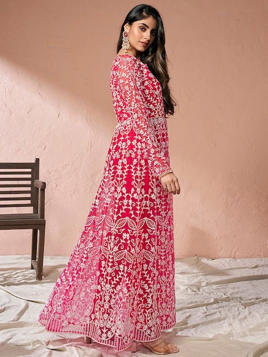 Pink Floral Embroidered Keyhole Neck High Slit A-Line Kurta & Trousers - Inddus.com