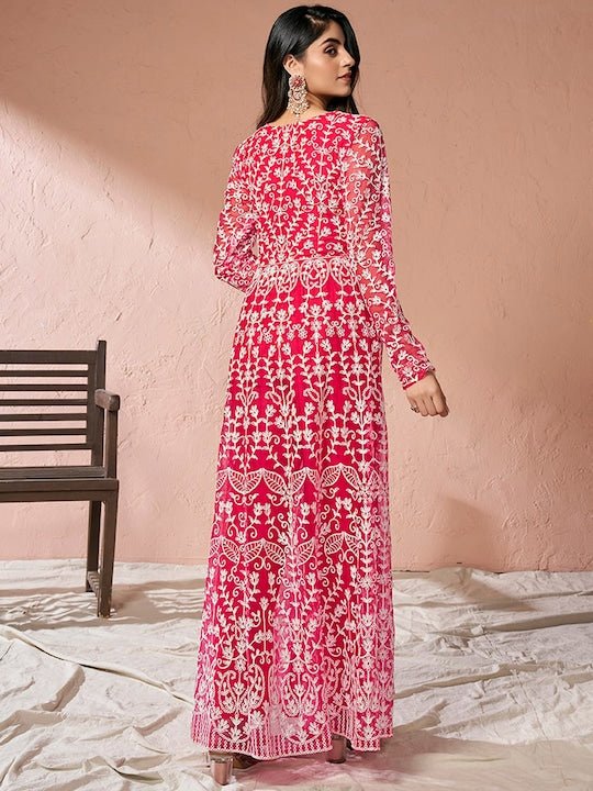 Pink Floral Embroidered Keyhole Neck High Slit A-Line Kurta & Trousers - Inddus.com