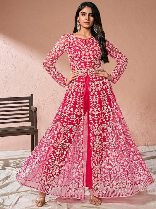 Pink Floral Embroidered Keyhole Neck High Slit A-Line Kurta & Trousers - Inddus.com