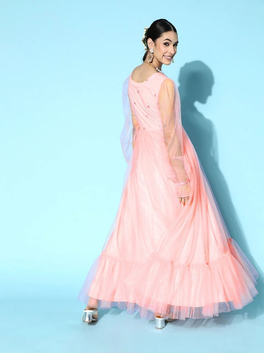 Pink Floral Net Embroidered Party Gown - Inddus.com