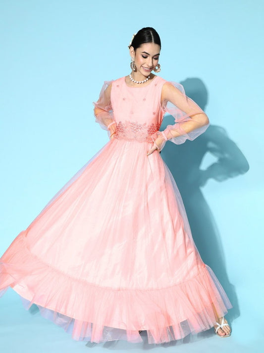 Pink Floral Net Embroidered Party Gown - Inddus.com