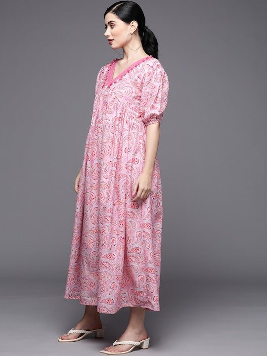 Pink Floral Print Pleated Maxi Dress - Inddus.com