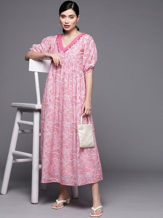 Pink Floral Print Pleated Maxi Dress - Inddus.com