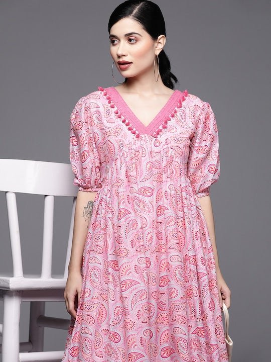 Pink Floral Print Pleated Maxi Dress - Inddus.com