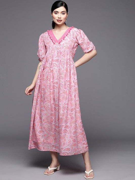 Pink Floral Print Pleated Maxi Dress - Inddus.com