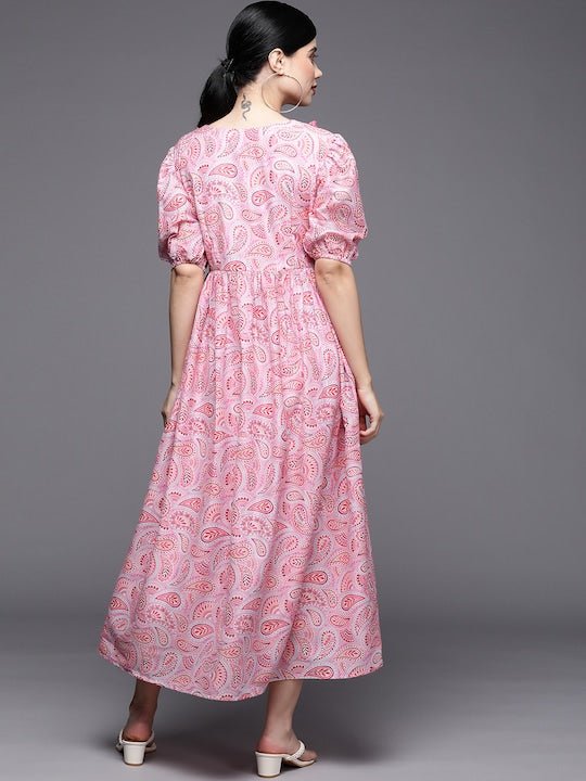 Pink Floral Print Pleated Maxi Dress - Inddus.com