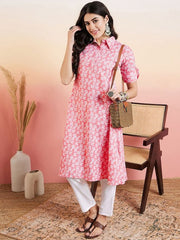 Pink Floral Printed Regular Shirt Collar Kurta With Trouser - Inddus.com