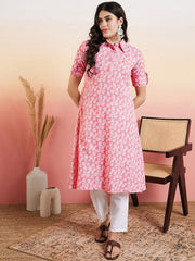 Pink Floral Printed Regular Shirt Collar Kurta With Trouser - Inddus.com