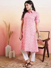 Pink Floral Printed Regular Shirt Collar Kurta With Trouser - Inddus.com