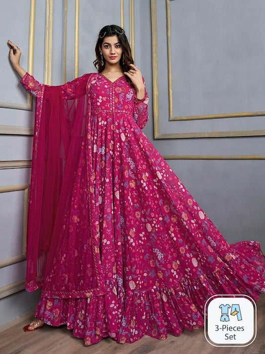 Pink Floral Printed V-Neck Sequinned Anarkali Kurta With Dupatta - Inddus.com