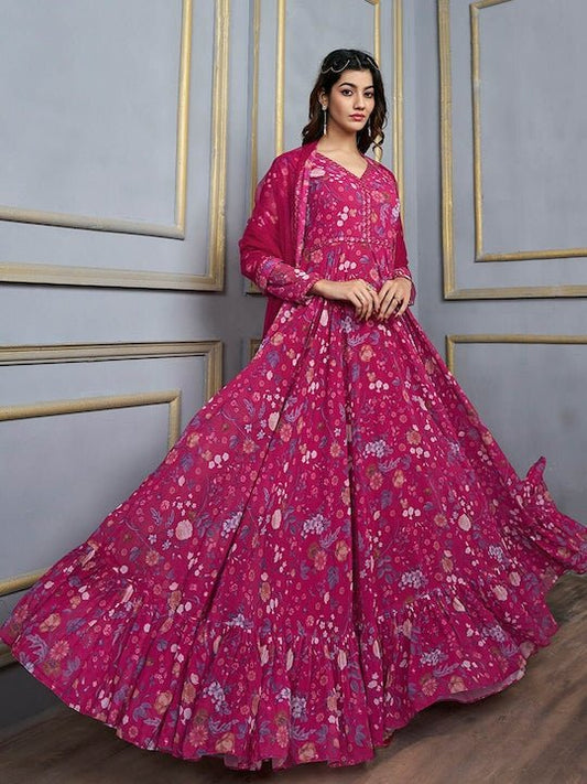 Pink Floral Printed V-Neck Sequinned Anarkali Kurta With Dupatta - Inddus.com