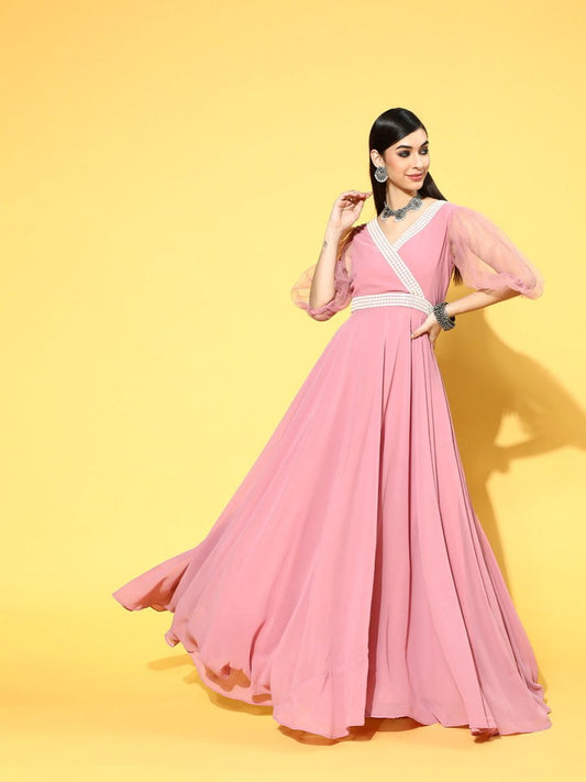 Pink Georgette Partywear Self Design Dresses - Inddus.com