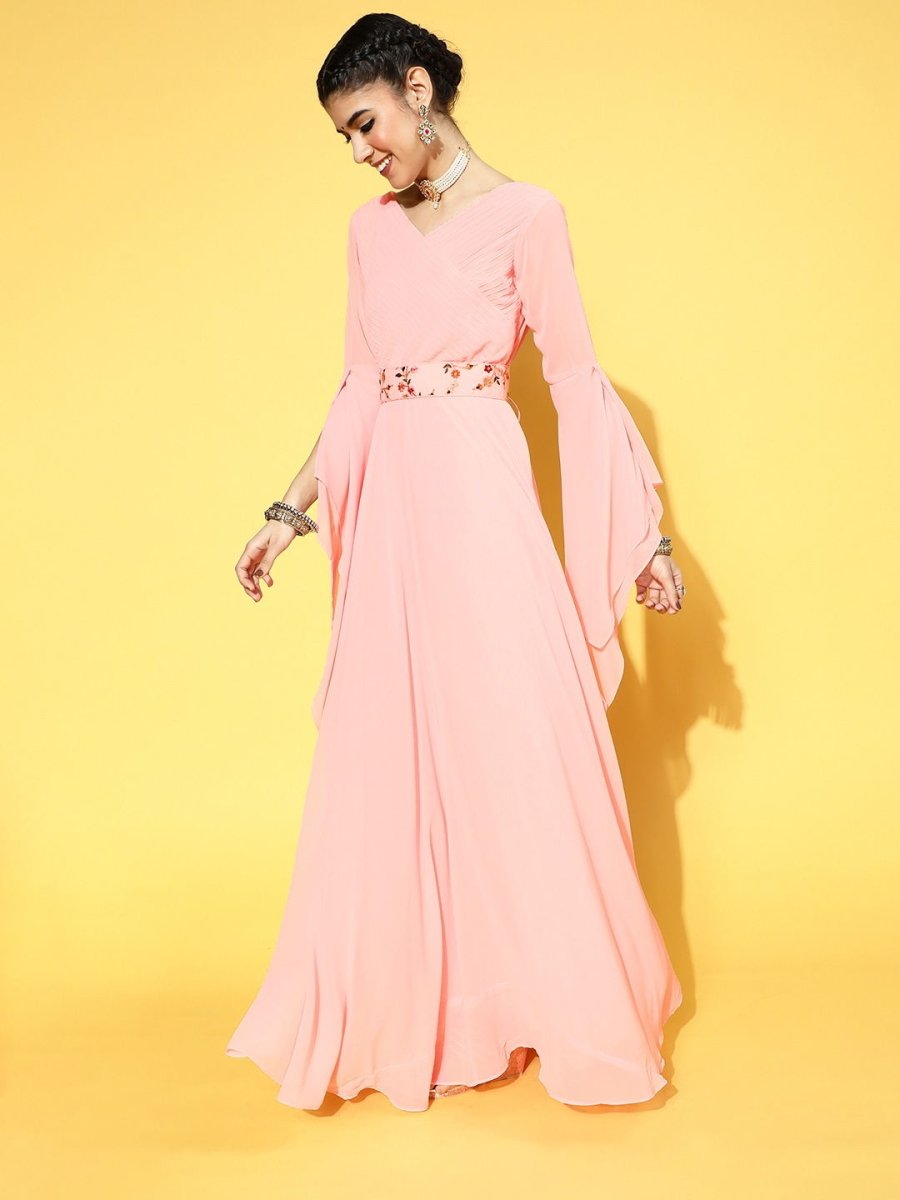 Pink Georgette Partywear Solid Dresses - Inddus.com