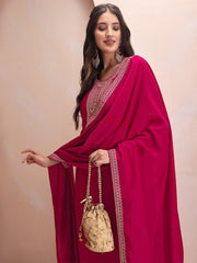 Pink & Gold Toned Embroidered Regular Kurta & Trousers With Dupatta - Inddus.com