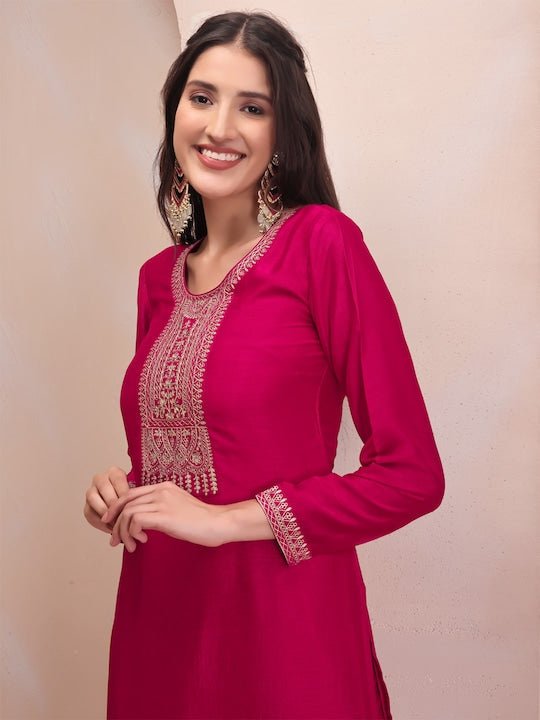 Pink & Gold Toned Embroidered Regular Kurta & Trousers With Dupatta - Inddus.com