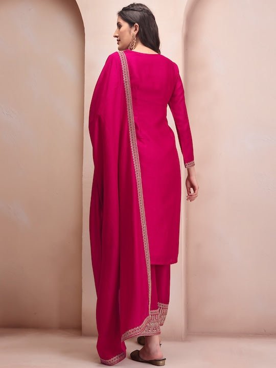 Pink & Gold Toned Embroidered Regular Kurta & Trousers With Dupatta - Inddus.com