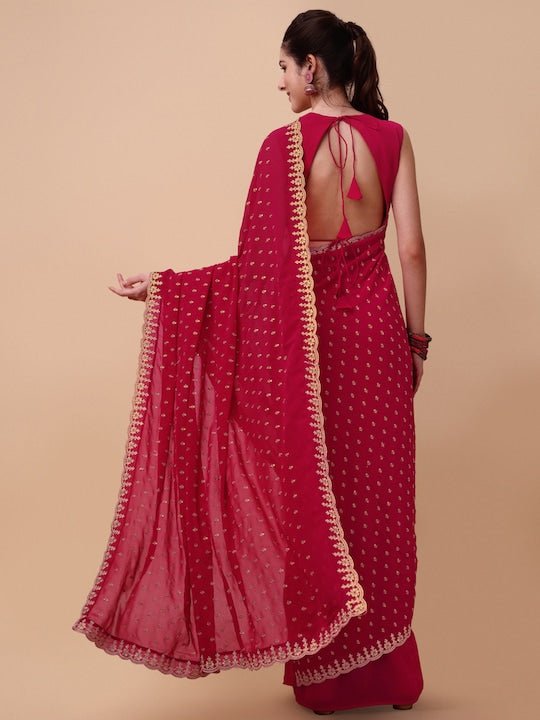 Pink & Gold-Toned Ethnic Motifs Embroidered Saree - Inddus.com